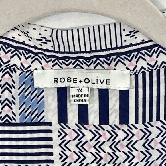 Rose+Olive Patchwork Button Down Shirt Collar 3/4 Sleeve Blouse Blue White 1X - Picture 4 of 13